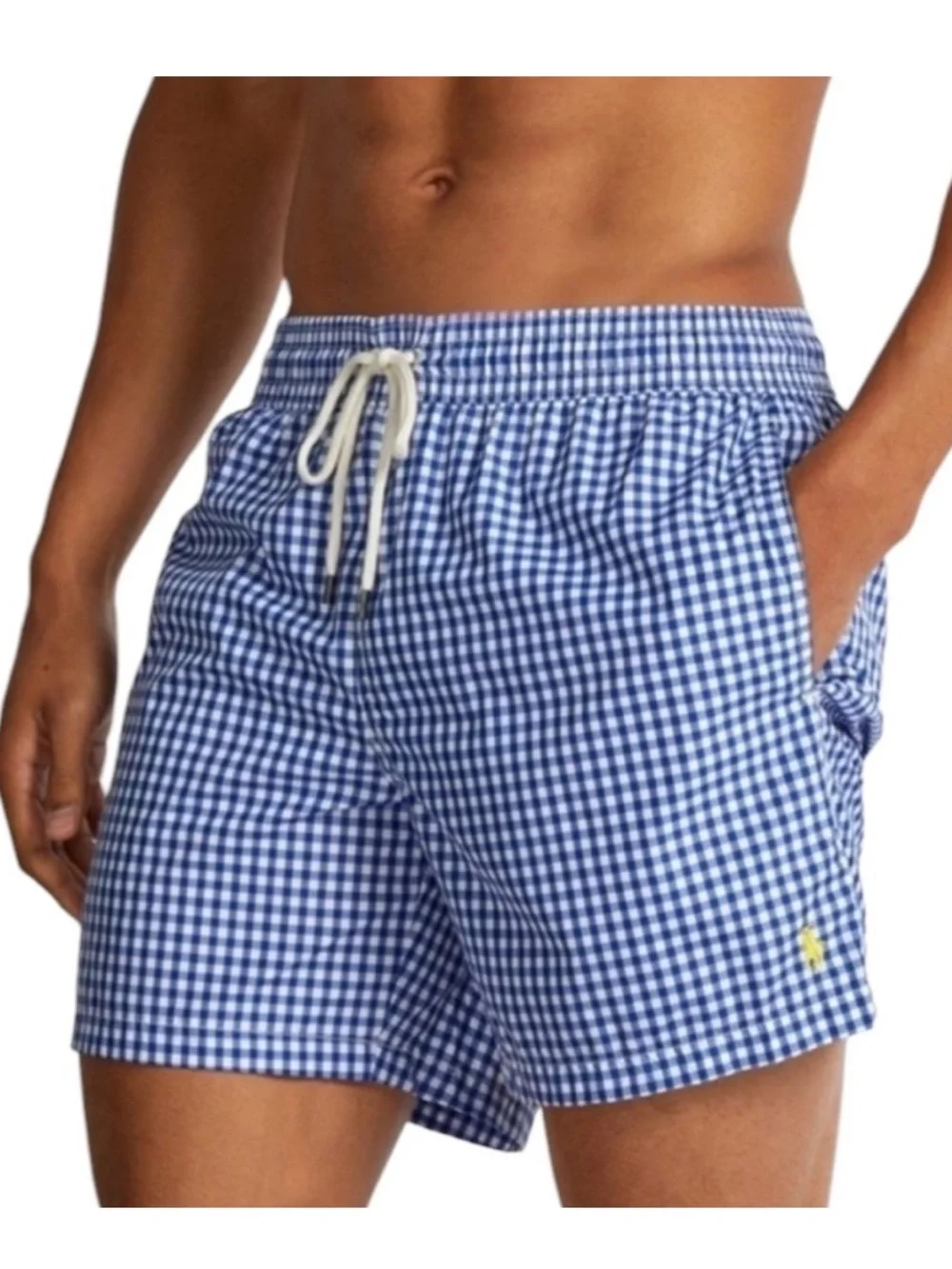 Polo Ralph Lauren Blue & White Check Gingham 6” Traveler Classic Swim Trunks